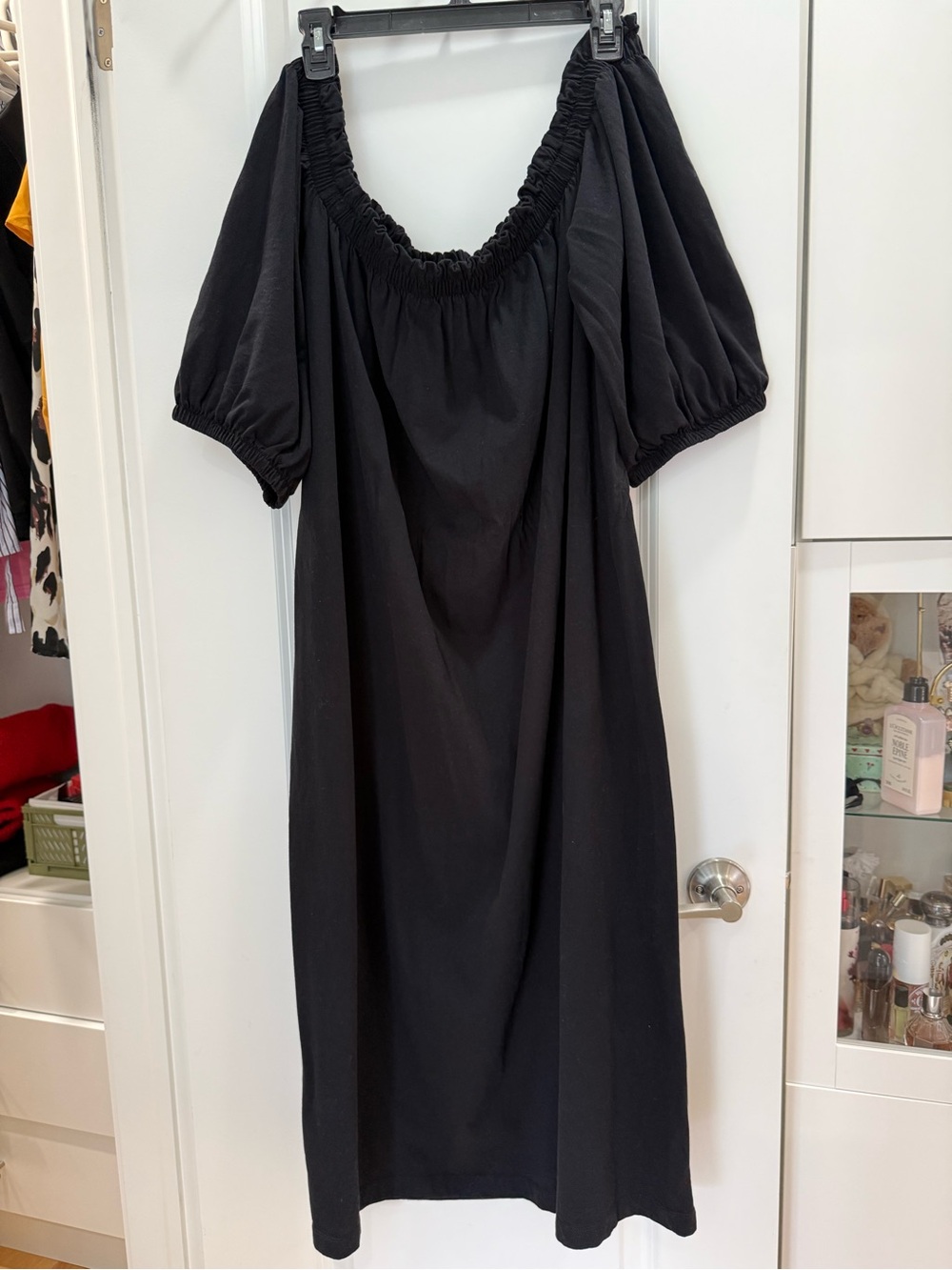 H&M Black Off-Shoulder Puff Sleeve Midi Dress with Elastic Neckline